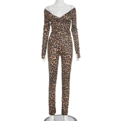 Deep-V-neck Bodysuit And High-waist Straight-leg Pants Set - Leopard - View 1