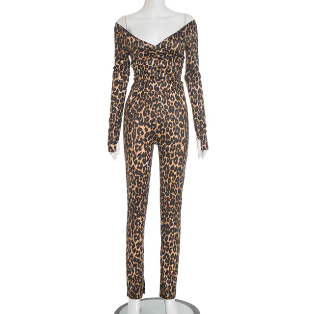 Deep V neck Bodysuit And High waist Straight leg Pants Set Leopard - Shop at LoveMi