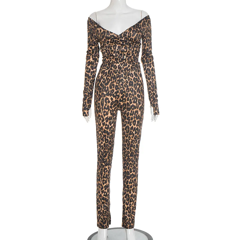 Deep-V-neck Bodysuit And High-waist Straight-leg Pants Set - Leopard