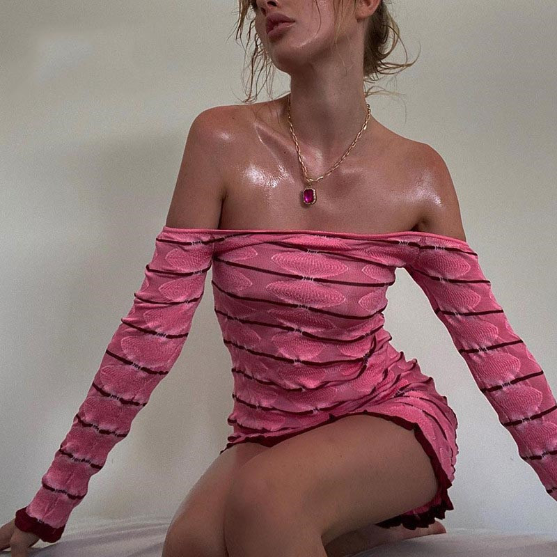 Long Sleeve Striped Off-shoulder Tight Woolen Skirt