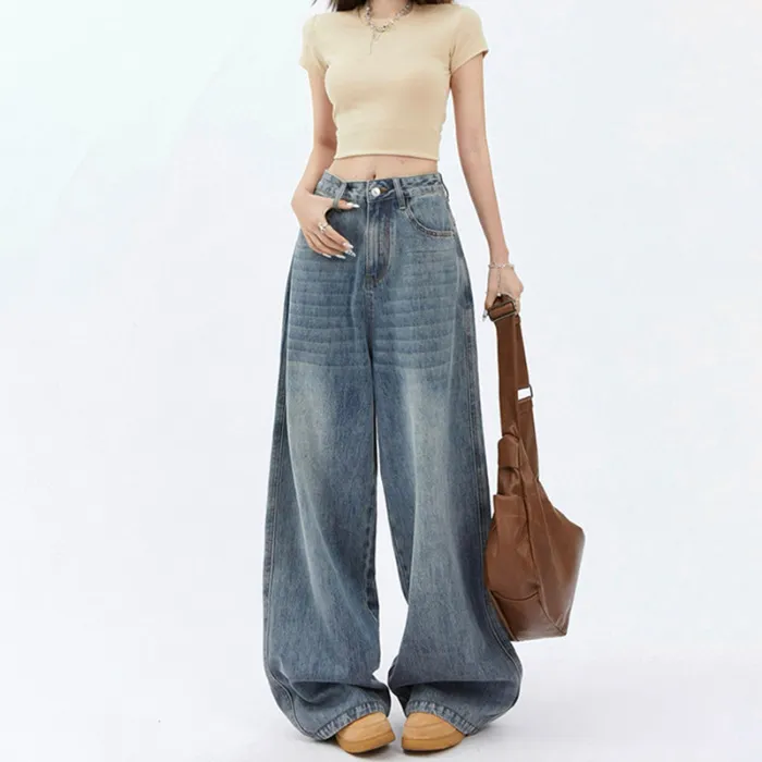 Women's High Waist Wide Leg Jeans Baggy Straight Trousers - Blue