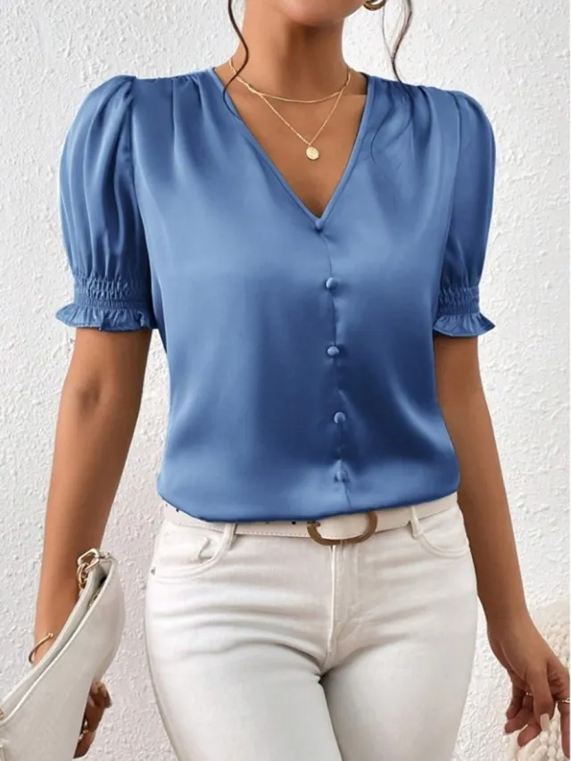 New Satin V neck Buttons Casual Short sleeved Ruffled Blouse Blue - Shop at LoveMi