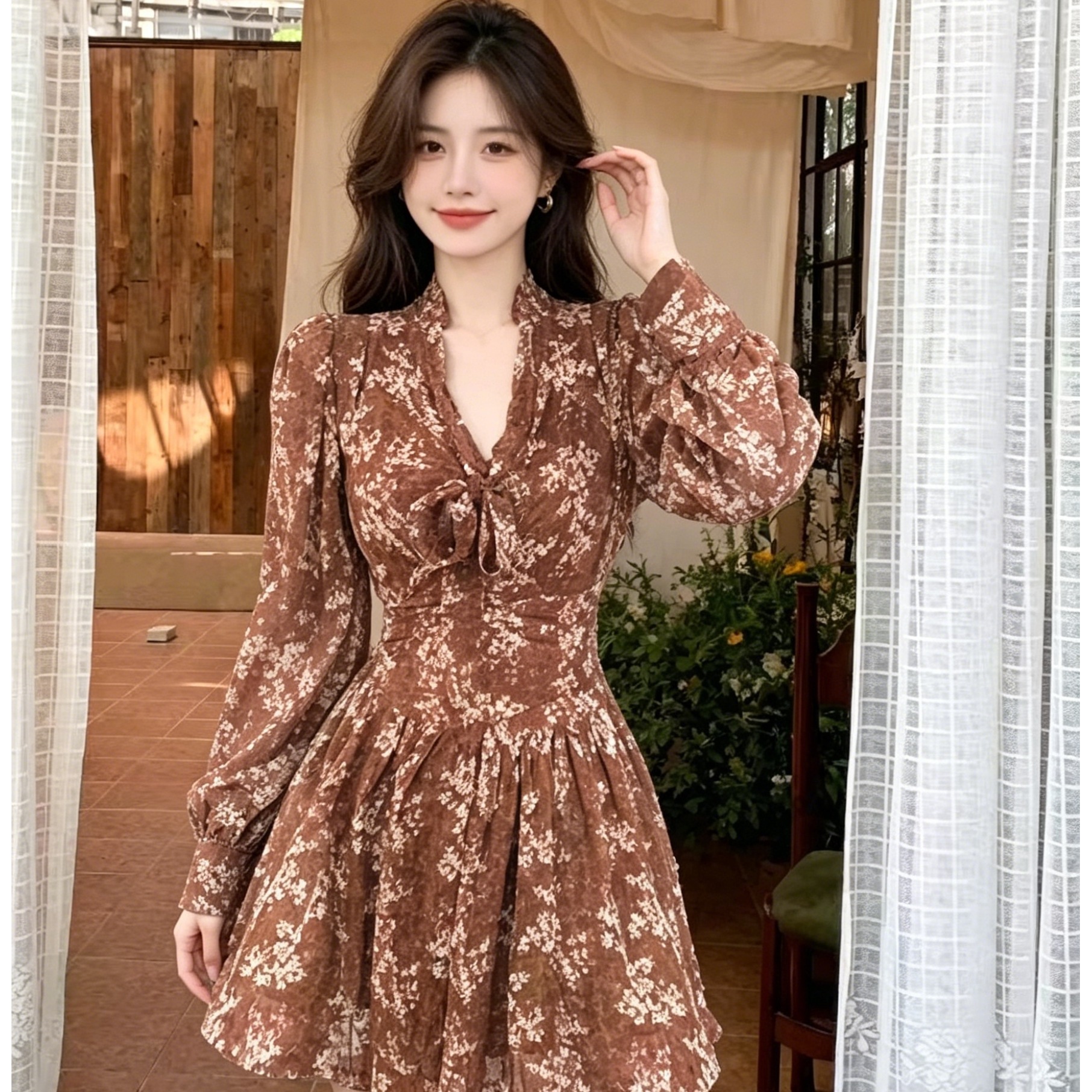 Chiffon Ribbon Floral-print Dress