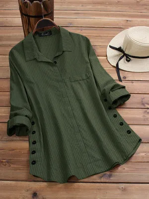 New Women's Solid Color Striped Button Top Green - Shop at LoveMi