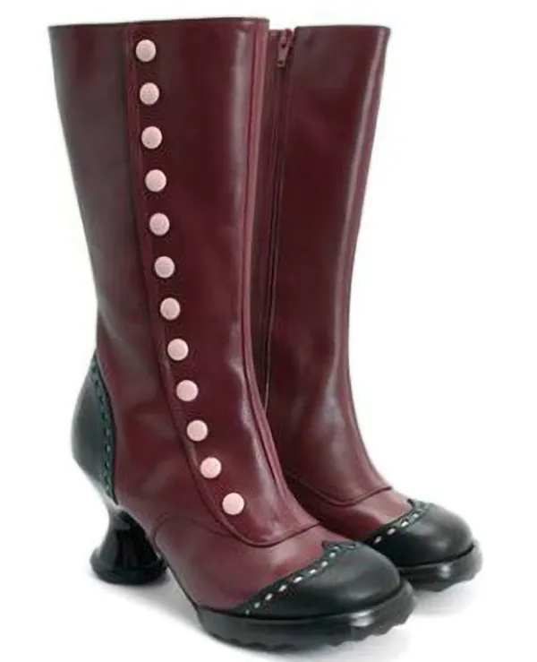 Fashionable Button decorated Irregular heeled Women's Thigh high Boots Wine - Shop at LoveMi