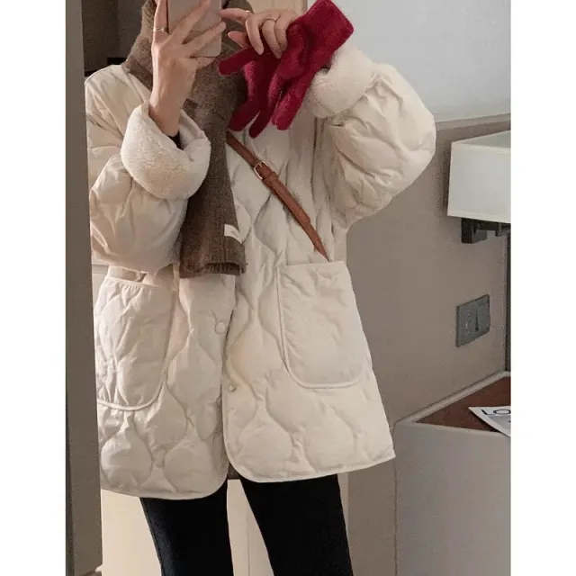 Collarless Fleece Lightweight Korean style Loose Diamond pattern Warm Cotton Jacket Apricot - Shop at LoveMi