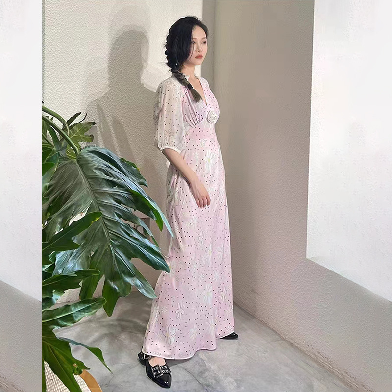 Elegant Spliced Printed Three-dimensional Flowers High Waist Long Dress