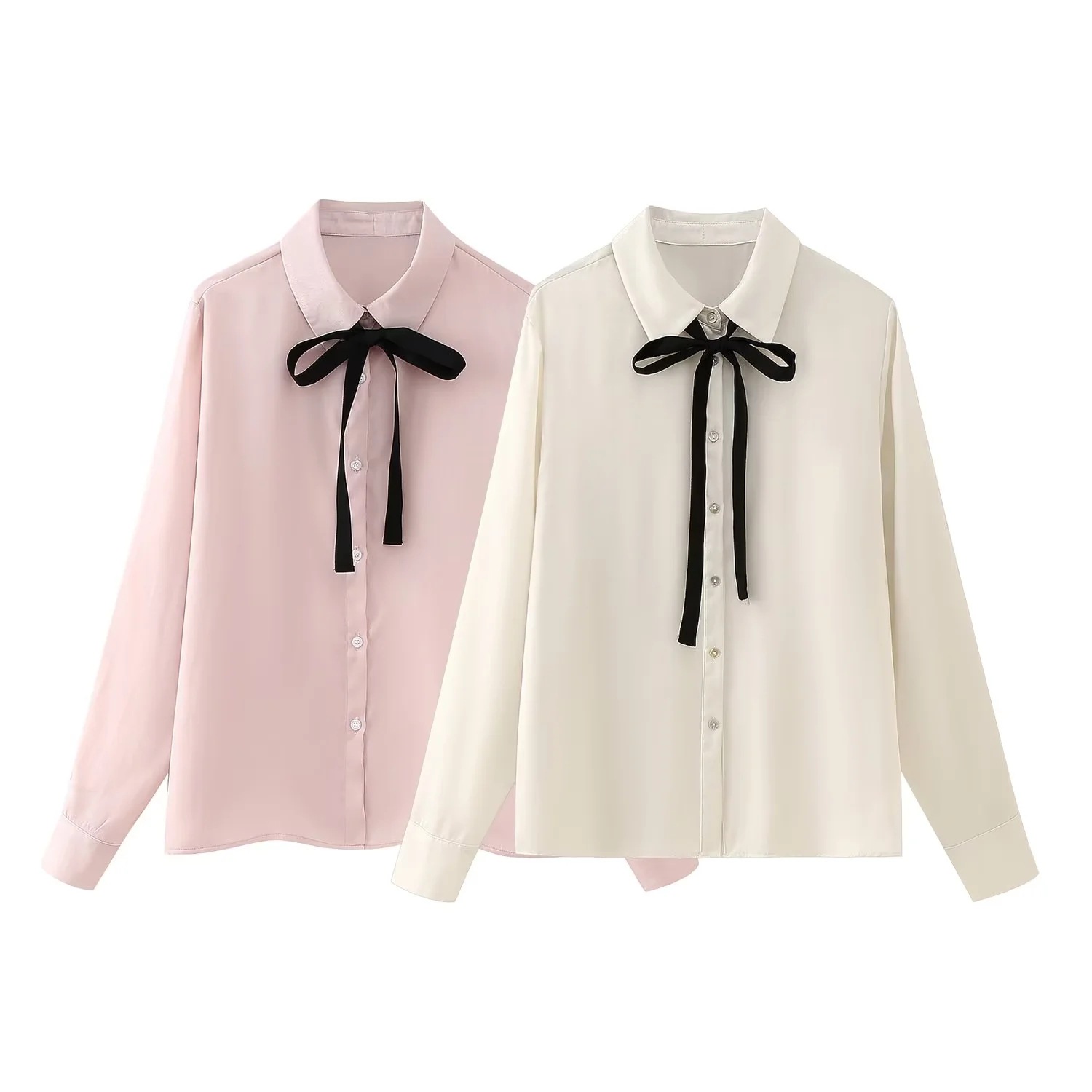 Bowknot Decoration Silk Satin Textured Shirt