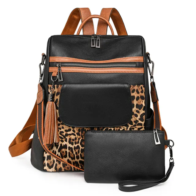 Vintage Leopard Print Fashion Large Capacity Backpack Black - Shop at LoveMi