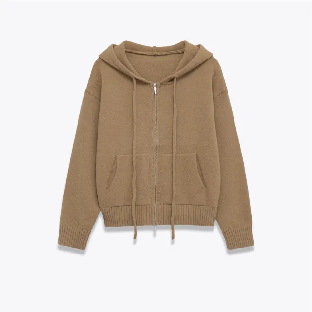 Women's Zipper Knit Hooded Sweatshirt Camel - Shop at LoveMi