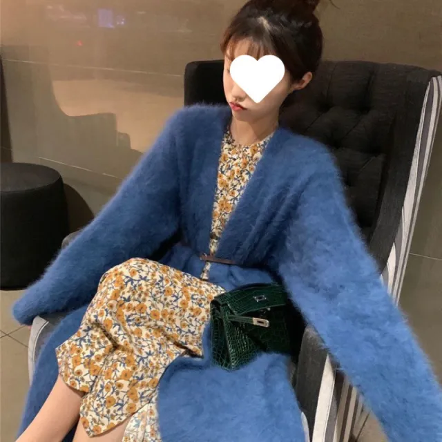 Mink like Wool Cardigan Loose Size Thickened Mid length Idle Style Knitted Coat Blue - Shop at LoveMi