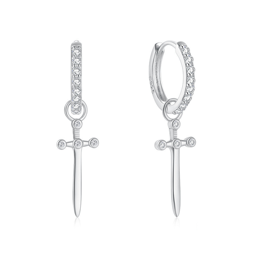 Sterling Silver Zircon Dagger Cross Ear Ring Fashion