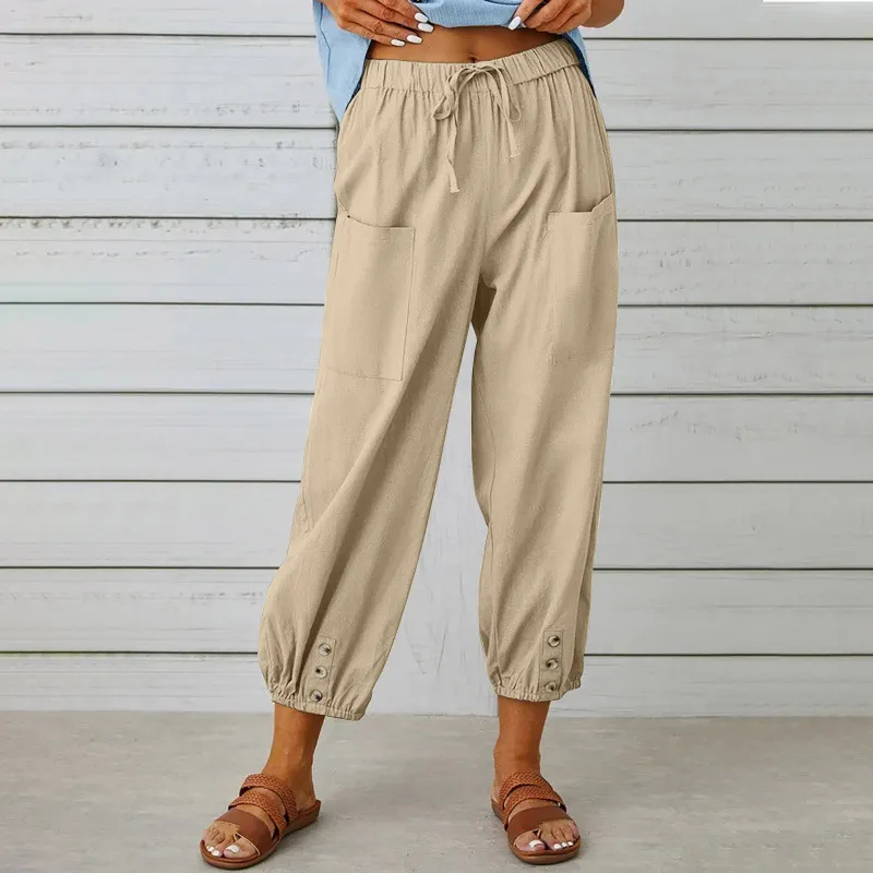 Loose High Waist Button Cotton And Linen Trousers Cropped Pants Wide Leg Women's Pants - Khaki