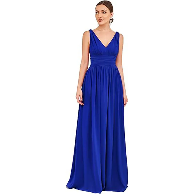 Women's Elegant Graceful Deep V-neck Sleeveless Chiffon Formal Maxi Evening Dress - Sapphire