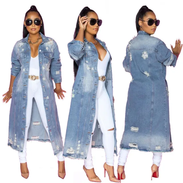 Lapel Style Women's Washed Loose Hole Top Denim Jacket Light Blue - Shop at LoveMi