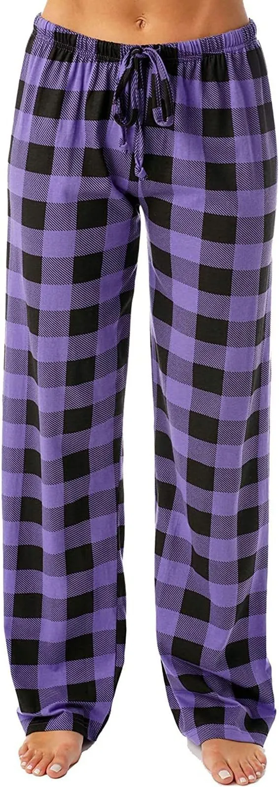 Women's Spring And Autumn Drawstring Plaid Printed Pants Length Leisure Pants Home Purple - Shop at LoveMi
