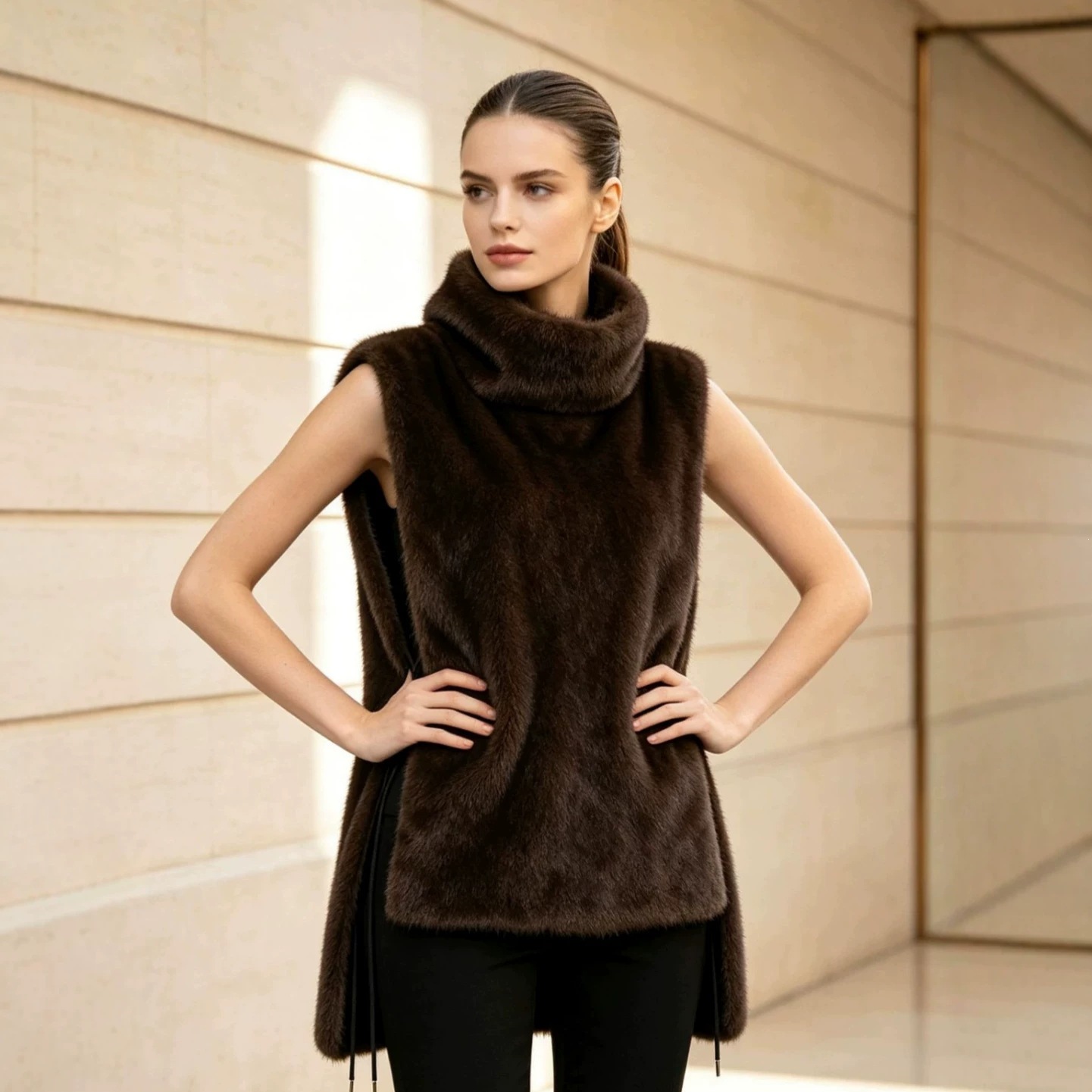 Faux Mink Fur High-neck Sleeveless Vest With Side Slits