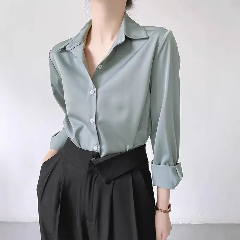 Women's High-grade Green Satin Shirt