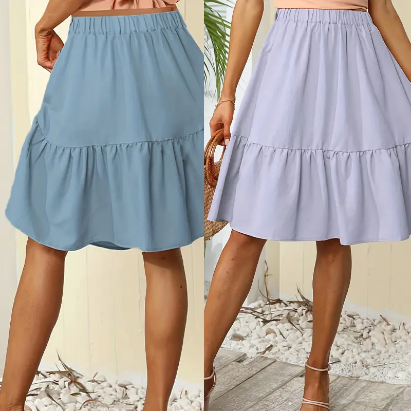 Soft Pleated Ruffled Hem Solid-color Mini Skirt