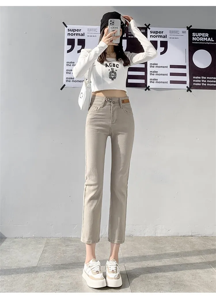 Autumn And Winter Stretch Fleece Ankle-tied Straight Jeans Women's Cropped Pants Small - Card Gray