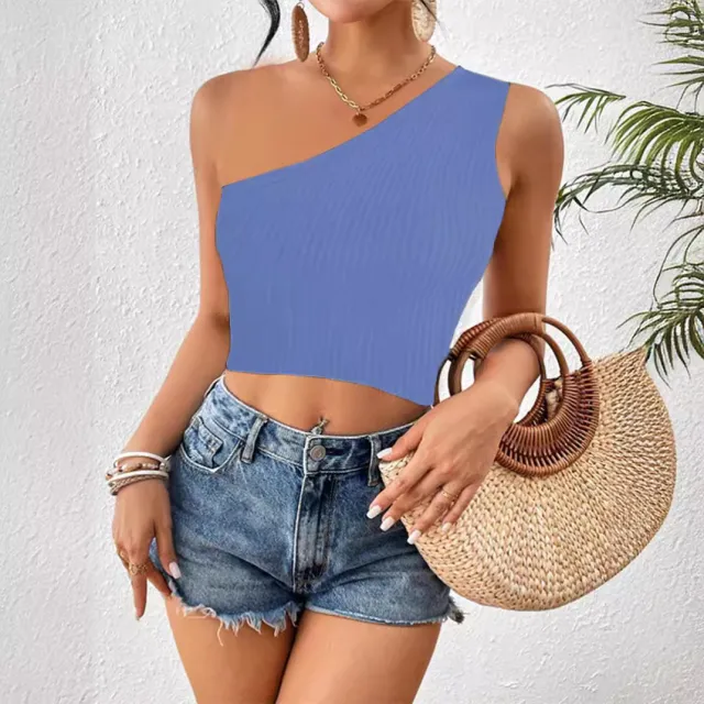 Women's Cropped One shoulder Diagonal Collar Knitted Vest Blue - Shop at LoveMi