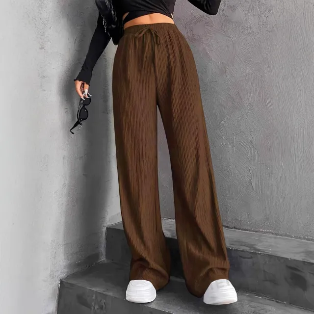 New Women's Elastic Waist Pinstripe Road Straight Wide Leg Light Brown - Shop at LoveMi