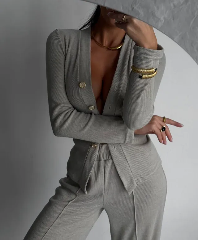 Women's Casual Button Up Top And Pants Set Light Gray - Shop at LoveMi