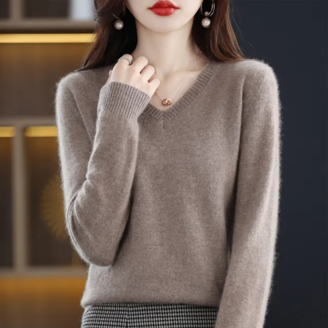 Women's V neck Loose Pullover Long Sleeve Sweater Camel - Shop at LoveMi