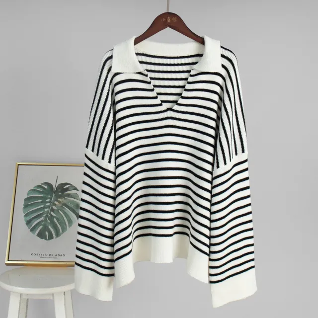 Striped Long Sleeve Loose Pullover Sweater For Women Black - Shop at LoveMi
