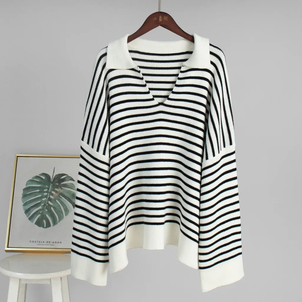 Striped Long Sleeve Loose Pullover Sweater For Women - Black