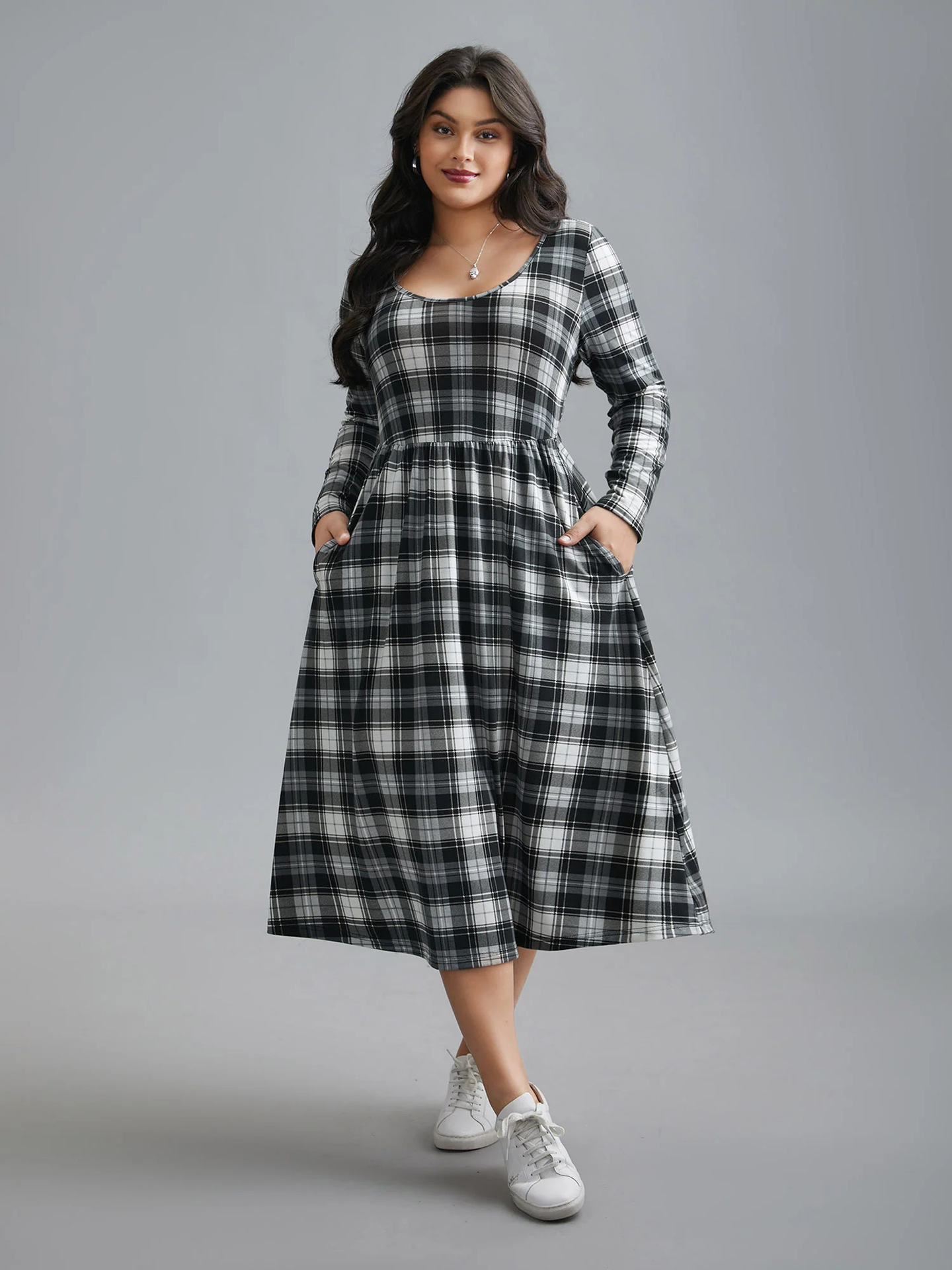 Loose Casual Pleated Plaid Round Neck Pocket Women's Dress White - Shop at LoveMi