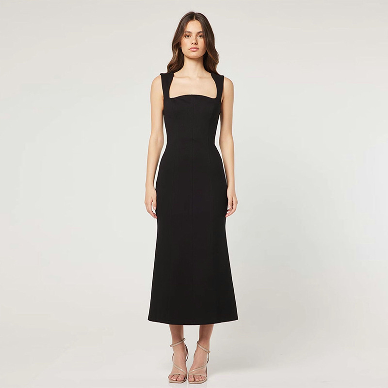 Black Square Collar A- Line Mid-length Slim Dress