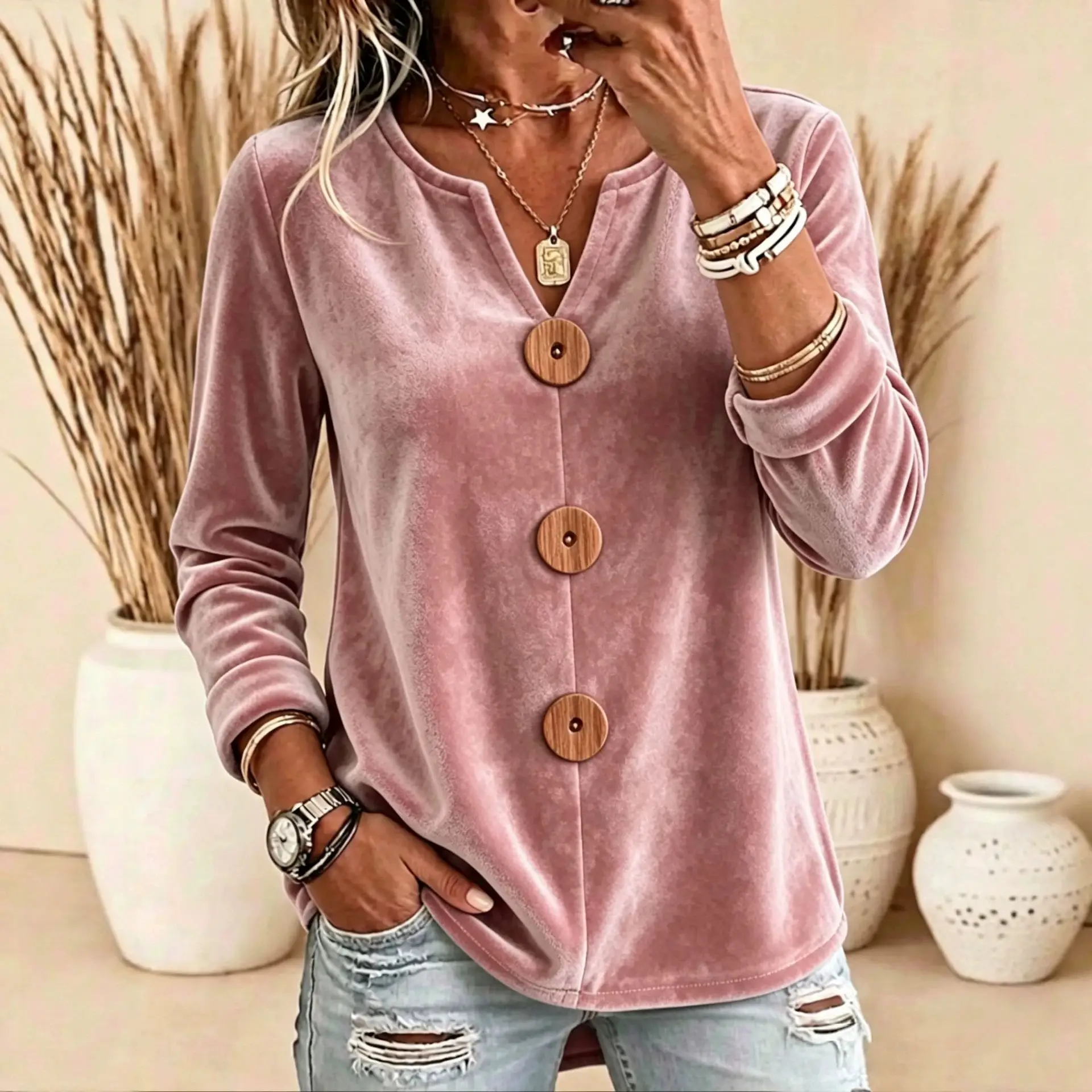 Elegant V-neck Buttoned Long-sleeve Velvet Top T-shirt