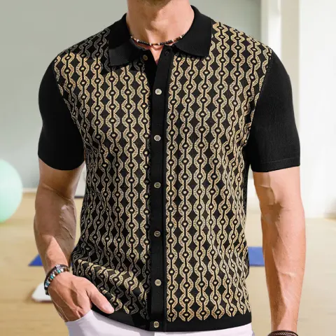 Summer Tencel Short-sleeved Sweater Lapel Jacquard Cardigan for Men