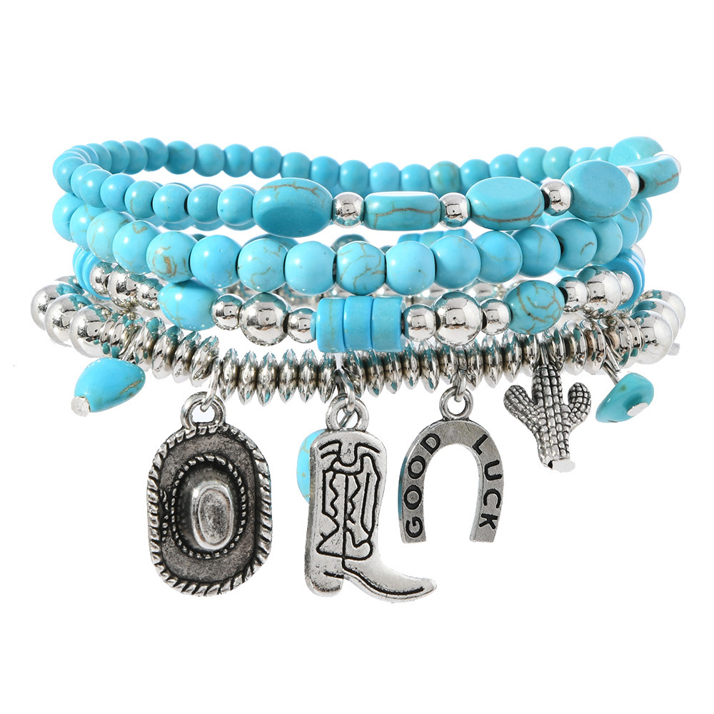 Comfort Elastic Turquoise Beaded Bracelet with Vintage U-Shape