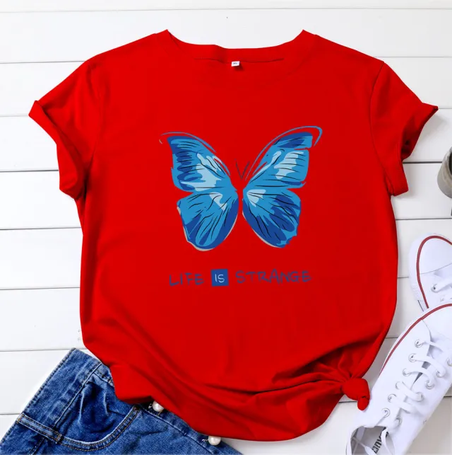 Printed Cotton Short Sleeve T shirt Top Red - Shop at LoveMi