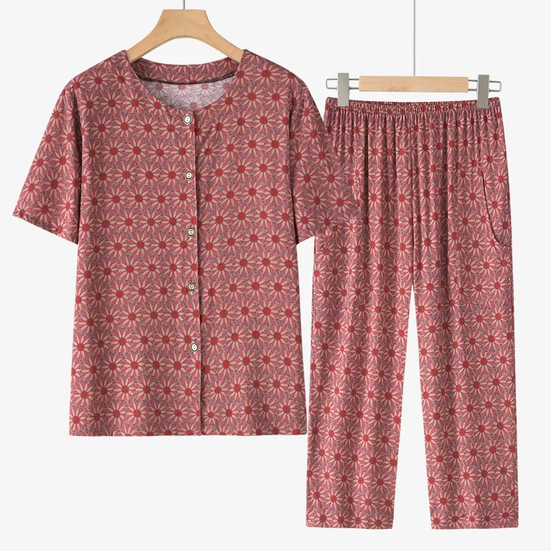 Grandma Summer Short Sleeve Suit Cotton Silk Women - Orange Sunflower Suit