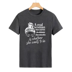 Letter Fashion Print Round Neck Short Sleeve T-shirt - Dark Grey - View 1