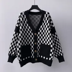 Chessboard Plaid Sweater Knitted Cardigan New Japanese Lazy Style Loose Top Coat - Black - View 1