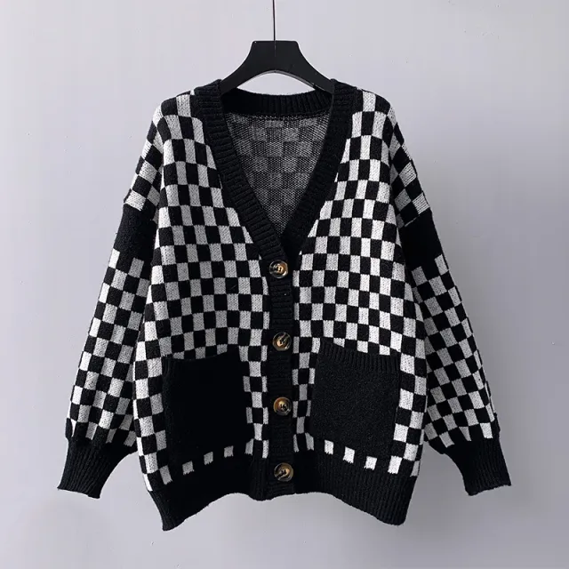 Chessboard Plaid Sweater Knitted Cardigan New Japanese Lazy Style Loose Top Coat Black - Shop at LoveMi