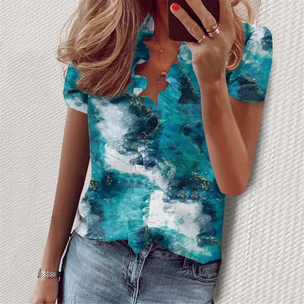 European And American Summer Ruffles Short Sleeve Slim Flower Print - Figure 1-Xxl