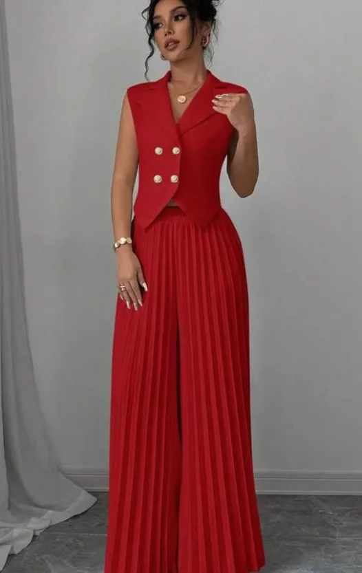 Summer Sleeveless Suit Fashion Lapel Button Vest Top And Pleated Straight Pants Women's Trousers Set Clothing Red - Shop at LoveMi