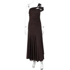 Summer Cold-shoulder Bodycon Pleated Suspender Long Dress - Coffee Brown - View 1