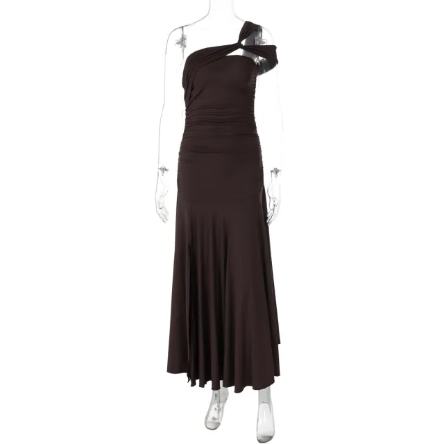Summer Cold shoulder Bodycon Pleated Suspender Long Dress Coffee Brown - Shop at LoveMi