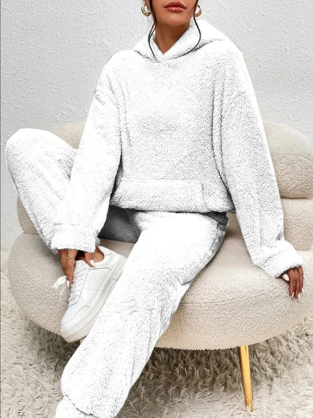Winter Plush Pajama Set Fashion Casual Hooded Top And Elastic Band Pants Warm Sofa Carpet Home Clothes Women's Trousers Set Clothing White - Shop at LoveMi
