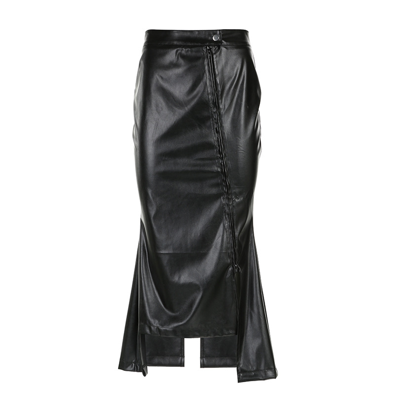 Stitching Ruffle Long Leather Skirt Black - Shop at LoveMi
