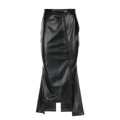Stitching Ruffle Long Leather Skirt - Black - View 1