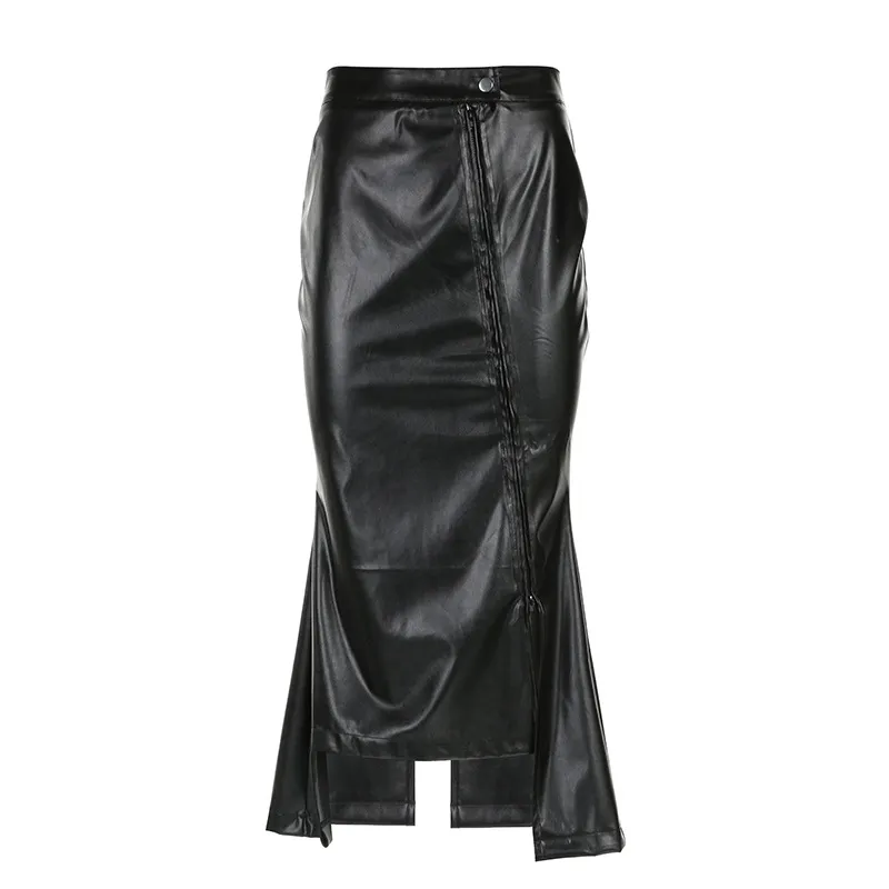 Stitching Ruffle Long Leather Skirt - Black