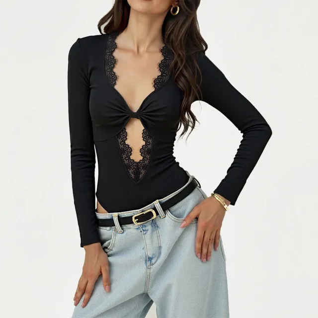 Autumn And Winter Black V neck Lace trimmed Twist Long sleeved Hollow out Design Slim fit Bodysuit Black - Shop at LoveMi