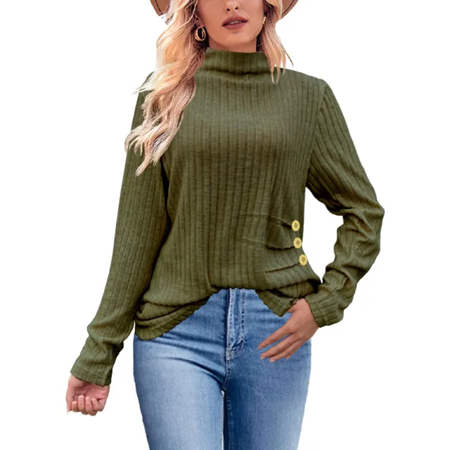 European And American Brushed Sunken Stripe Knitted Turtleneck Side Button Women's Top Green - Shop at LoveMi